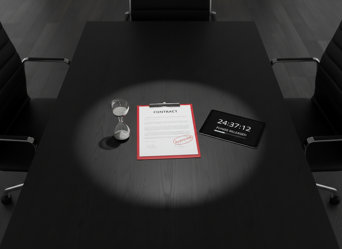 A minimalist, high-end conference table in matte black wood holds a precise arrangement: a slim glass hourglass filled with fine, metallic-silver sand almost at the bottom, a thick, red-edged funding contract stamped “Approved,” and a crisp, digital tablet showing a countdown of 24–48 hours next to a bold “Funds Released” status. Focused, overhead spotlighting creates a dramatic, professional contrast between bright highlights and defined shadows, while the surrounding room fades into a soft, dark blur. Photographic realism with a centered composition on the hourglass and contract, symbolizing speed, certainty, and urgency in business funding, aligned with a modern, corporate aesthetic.
