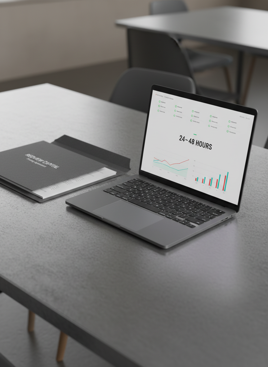 A close-up of an elegant, dark-gray laptop on a brushed metal table, its screen displaying a minimalist funding dashboard with green “Approved” indicators, a bold timeline marked 24–48 hours, and clean financial graphs accented in red and teal. A neat, embossed folder labeled “Redview Capital Funding Agreement” lies slightly open beside the laptop, revealing crisp, white pages with subtle watermarking. Soft, directional studio lighting from the right creates a gentle sheen on the metal surface and quiet shadows under the laptop, evoking precision and trust. Photographic realism, three-quarter angle, with shallow depth of field keeping the laptop and folder in sharp focus against a tastefully blurred, neutral office background.
