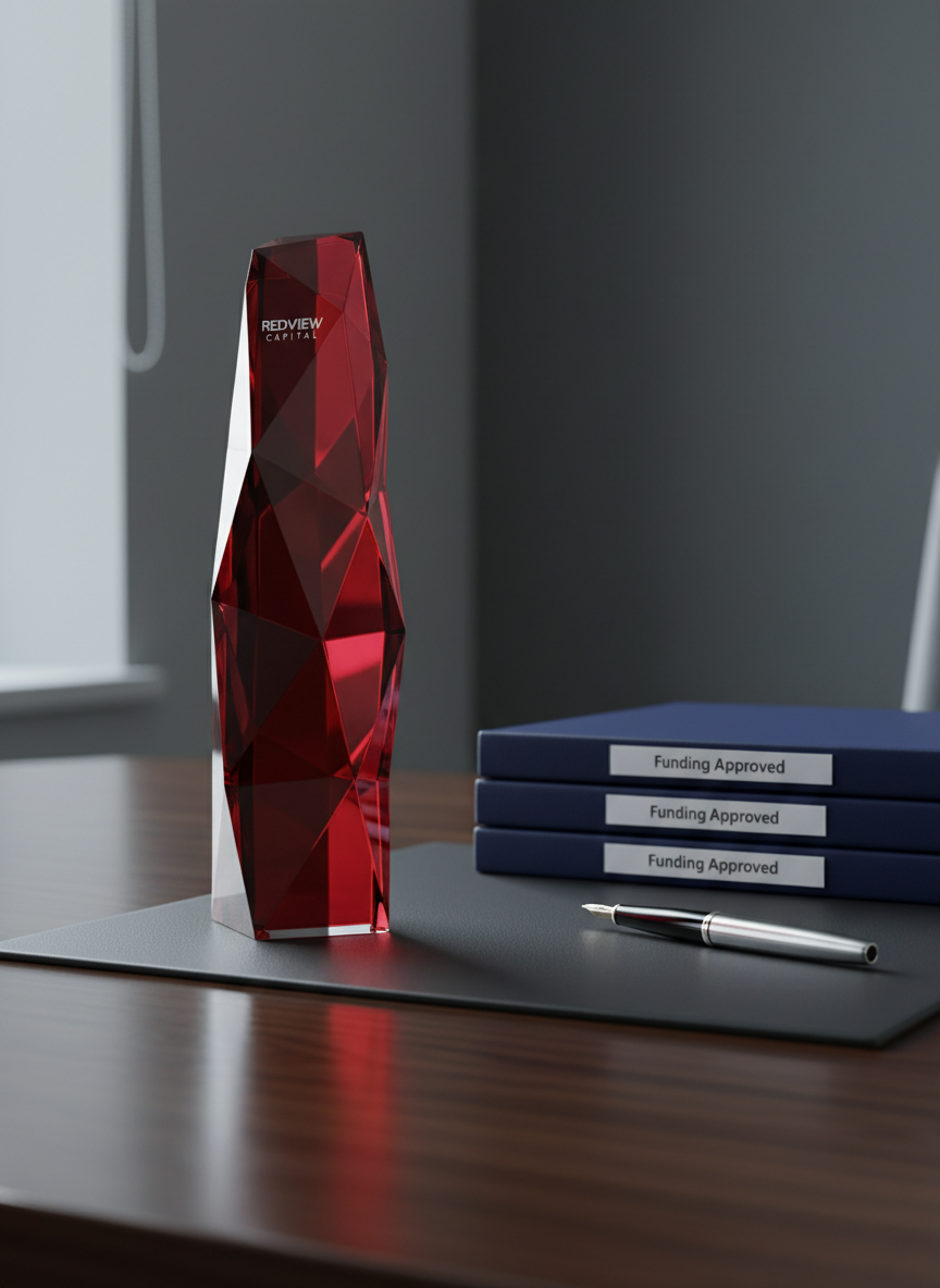 A sleek, crimson-glass office tower model symbolizing Redview Capital stands on a dark walnut executive desk, its facets reflecting subtle red highlights against a charcoal backdrop. Beside it, a stack of neat, navy-blue folders labeled “Funding Approved” and a silver pen rest on a clean leather blotter. Cool, diffused daylight from an unseen window creates soft, professional shadows and crisp reflections on the polished desktop. Photographic realism, eye-level composition with shallow depth of field keeps the tower and folders in sharp focus while the background gently blurs, conveying speed, reliability, and modern financial strength in a clean, corporate atmosphere.