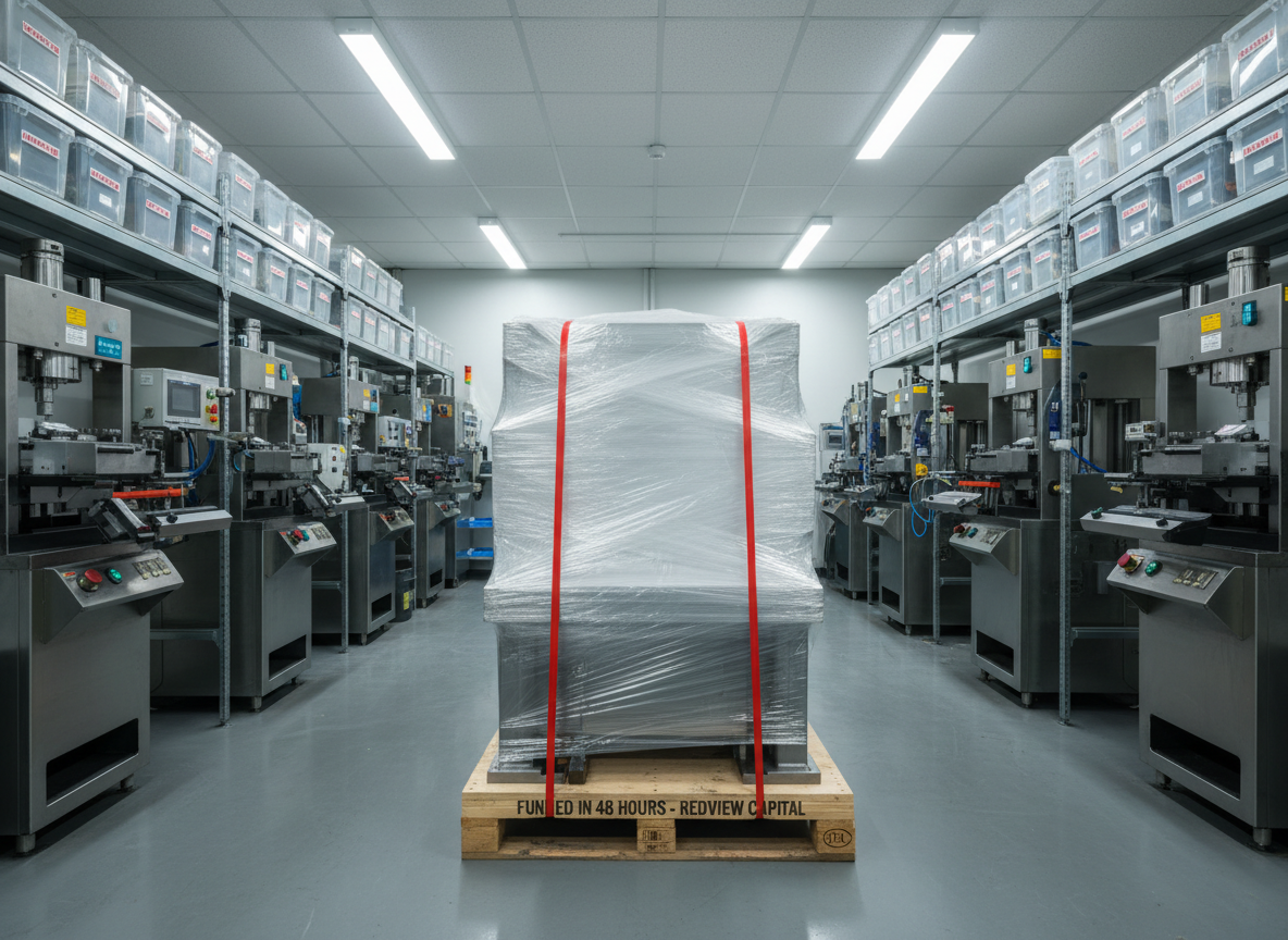A compact manufacturing workspace with gleaming stainless-steel equipment and neatly labeled storage crates, all impeccably organized on a polished concrete floor. At the center, a newly delivered, shrink-wrapped machine with vivid red shipping bands sits on a pallet stamped “Funded in 48 Hours,” its metal surfaces catching delicate highlights. Overhead, cool, even industrial lighting creates clear, crisp visibility with subtle shadows beneath the equipment. Photographic realism, wide-angle shot at eye level, emphasizing depth and the transformation of the space from modest to well-equipped. The atmosphere is confident and optimistic, suggesting how fast funding from Redview Capital enables tangible upgrades and growth for small businesses.
