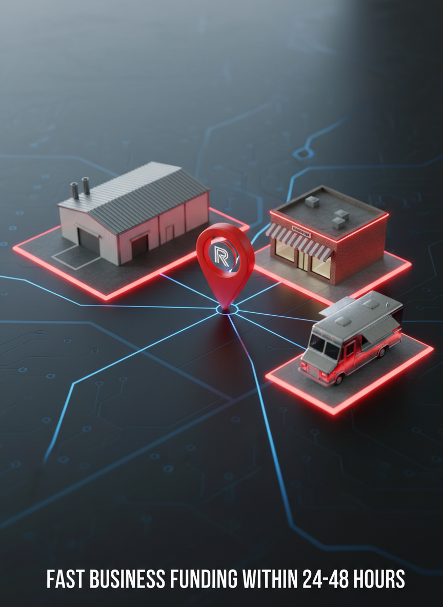 An aerial, photographic view of a small industrial warehouse, a boutique storefront, and a food truck, each building outlined by a subtle red glow tracing their roofs and parking areas, symbolizing funded businesses. Below them, a stylized, glossy black map surface features thin, illuminated lines connecting the locations, converging to a central red pin with a discreet Redview-style “R” emblem. Soft, cool studio lighting from above emphasizes the metallic and glass textures, casting precise, minimal shadows. The mood is dynamic yet controlled, suggesting fast business funding within 24–48 hours. Shot with sharp focus throughout for clarity and a clean, modern financial-tech aesthetic.