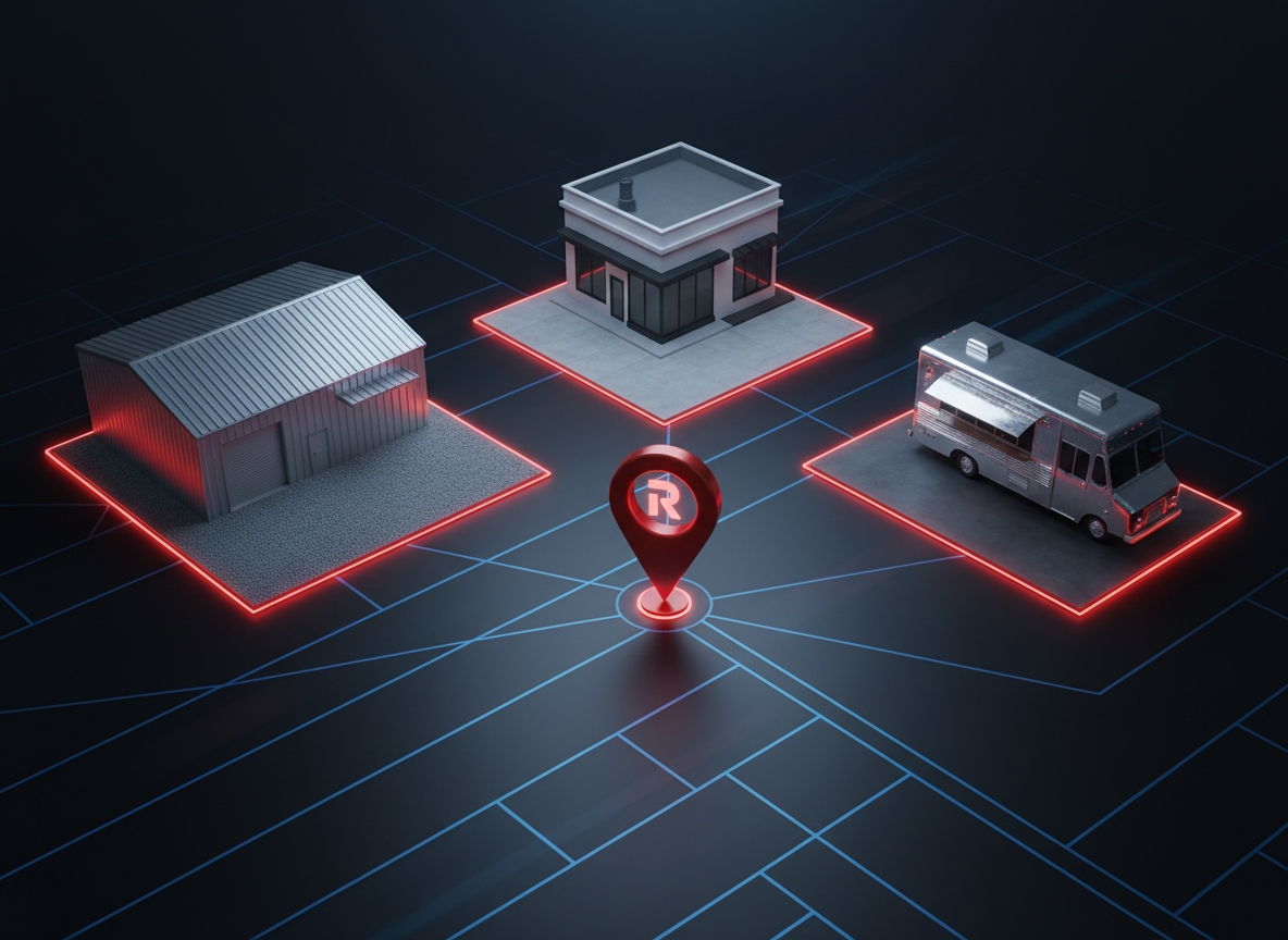 An aerial, photographic view of a small industrial warehouse, a boutique storefront, and a food truck, each building outlined by a subtle red glow tracing their roofs and parking areas, symbolizing funded businesses. Below them, a stylized, glossy black map surface features thin, illuminated lines connecting the locations, converging to a central red pin with a discreet Redview-style “R” emblem. Soft, cool studio lighting from above emphasizes the metallic and glass textures, casting precise, minimal shadows. The mood is dynamic yet controlled, suggesting fast business funding within 24–48 hours. Shot with sharp focus throughout for clarity and a clean, modern financial-tech aesthetic.