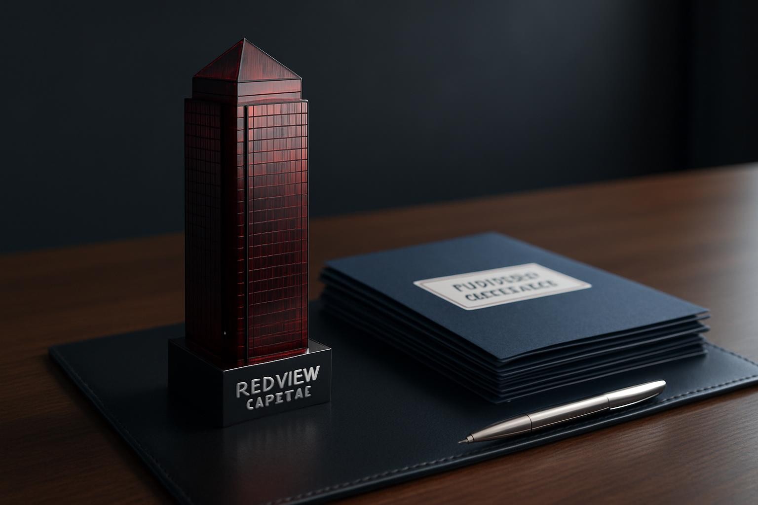 A sleek, crimson-glass office tower model symbolizing Redview Capital stands on a dark walnut executive desk, its facets reflecting subtle red highlights against a charcoal backdrop. Beside it, a stack of neat, navy-blue folders labeled “Funding Approved” and a silver pen rest on a clean leather blotter. Cool, diffused daylight from an unseen window creates soft, professional shadows and crisp reflections on the polished desktop. Photographic realism, eye-level composition with shallow depth of field keeps the tower and folders in sharp focus while the background gently blurs, conveying speed, reliability, and modern financial strength in a clean, corporate atmosphere.